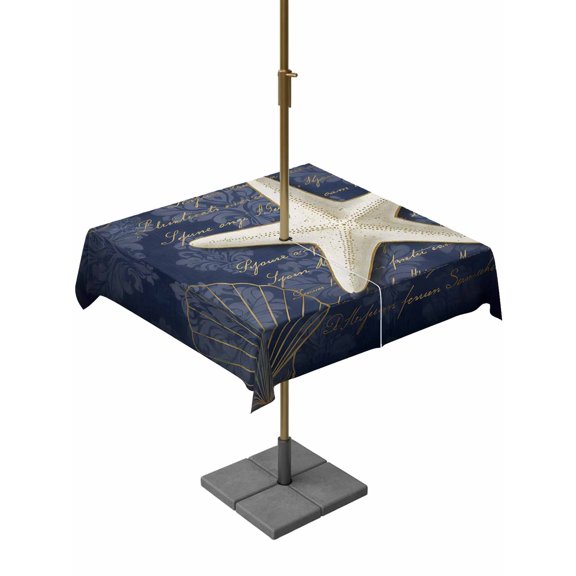 Outdoor Tablecloth with Umbrella Hole, Nautical Retro Starfish Shells Zippered Table Cloth for Rectangle Tables, Deep Blue Ocean Washable Waterproof Tablecloths for Picnic Patio Garden