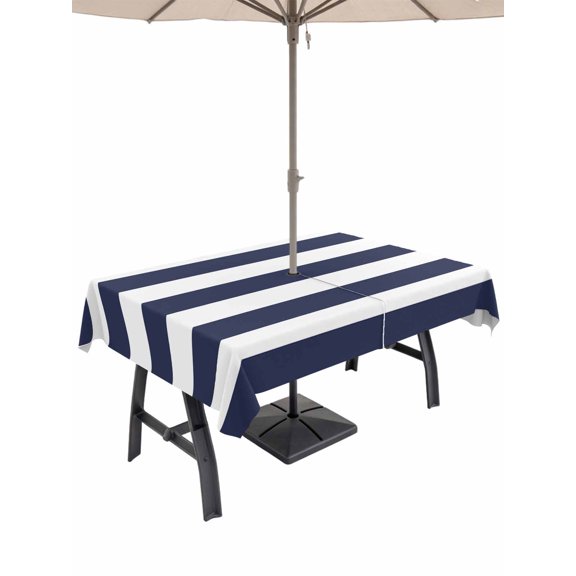 Outdoor Tablecloth with Umbrella Hole, Navy Blue and White Stripe Zippered Table Cloth for Rectangle Tables, Modern Stripes Pattern Washable Waterproof Tablecloths for Picnic Patio Garden