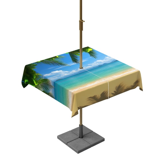 Outdoor Tablecloth with Umbrella Hole, Ocean Beach Spillproof Waterproof Outdoor Table Cover, Blue Sea Shoreline Coconut Coastal Palm Tree Patio Tablecloths for Party/Garden/Picnic, Square 54"x54"
