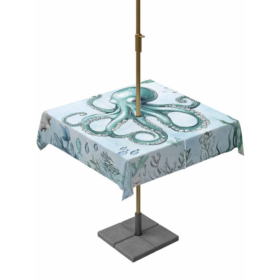 Outdoor Tablecloth with Umbrella Hole, Ocean Octopus Shell Seaweed Zippered Table Cloth for Rectangle Tables, Sea Monster Underwater World Washable Waterproof Tablecloths for Picnic Patio Garden