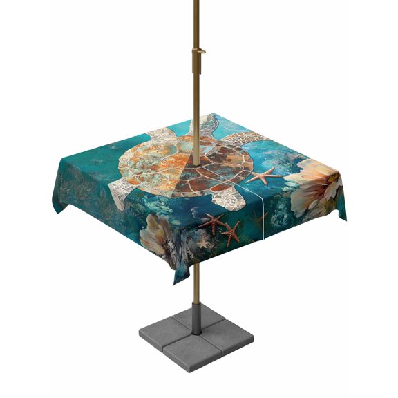 Outdoor Tablecloth with Umbrella Hole, Ocean Submarine Coral Turtle Starfish Zippered Table Cloth for Rectangle Tables, Undersea Creatures Washable Waterproof Tablecloths for Picnic Patio Garden