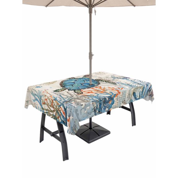 Outdoor Tablecloth with Umbrella Hole, Ocean Turtle Spillproof Waterproof Outdoor Table Cover, Coastal Nautical Coral Starfish Blue Patio Tablecloths for Party Picnic Camping, Rectangle 60"x120"