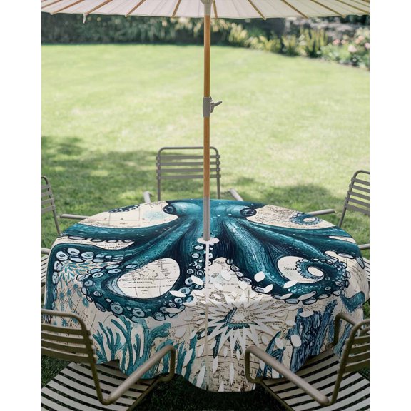 Outdoor Tablecloth with Umbrella Hole, Octopus Ocean Coral Sea Monster Zippered Table Cloth for Square Tables, Underwater World Vintage Letter Washable Waterproof Tablecloths for Picnic Patio Garden
