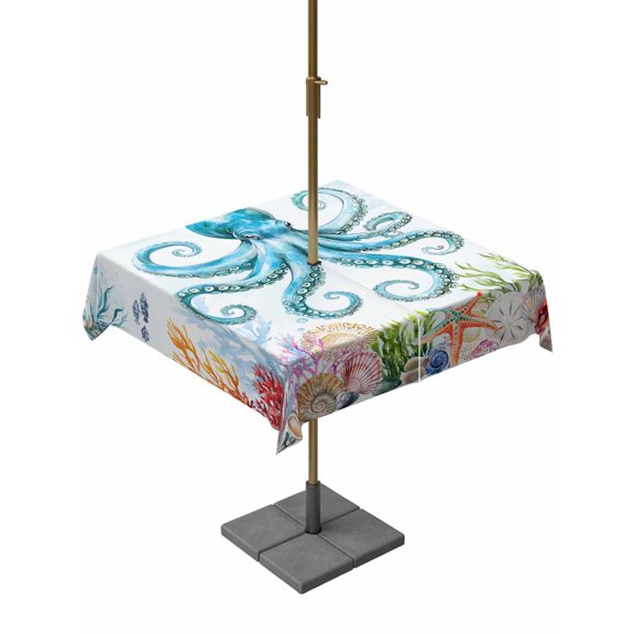 Outdoor Tablecloth with Umbrella Hole, Octopus Ocean Coral Starfish Zippered Table Cloth for Rectangle Tables, Sea Monster Underwater World Washable Waterproof Tablecloths for Picnic Patio Garden