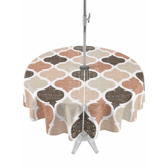 Outdoor Tablecloth with Umbrella Hole, Ombre Brown Geometric Plaid Retro Abstract Morocco Gingham Spillproof Waterproof Outdoor Table Cover, Patio Tablecloths for Party/Garden/Picnic, Round 54 inch