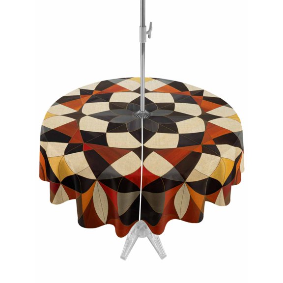 Outdoor Tablecloth with Umbrella Hole, Orange Black, Spillproof Waterproof Outdoor Table Cover, Geometric Abstract Contemporary Flower Patio Tablecloths for Party/Garden/Picnic, Round 54 inch