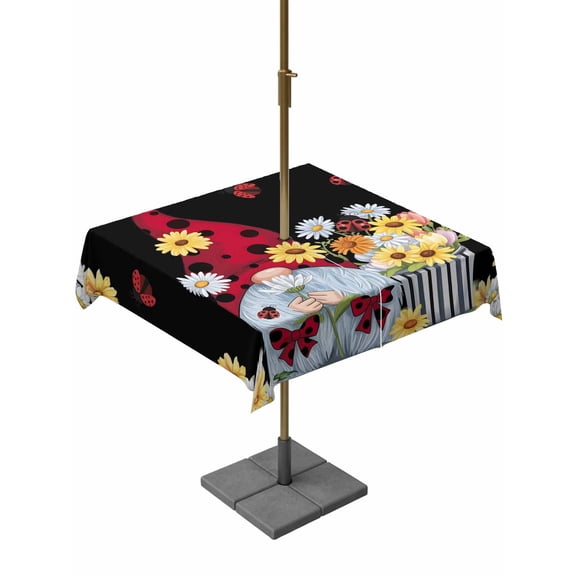 Outdoor Tablecloth with Umbrella Hole, Pastoral Floral Gnome Zippered Table Cloth for Rectangle Tables, Yellow White on Black Washable Waterproof Tablecloths for Picnic Patio Garden