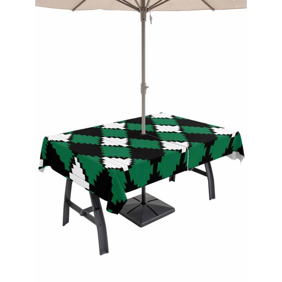 Outdoor Tablecloth with Umbrella Hole, Pastoral Style Rhombus Texture Zippered Table Cloth for Rectangle Tables, Green White and Black Washable Waterproof Tablecloths for Picnic Patio Garden