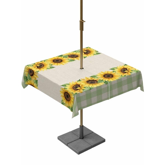 Outdoor Tablecloth with Umbrella Hole, Pastoral Sunflower Retro Linen Zippered Table Cloth for Rectangle Tables, Wawtercolor Gingham Check Washable Waterproof Tablecloths for Picnic Patio Garden