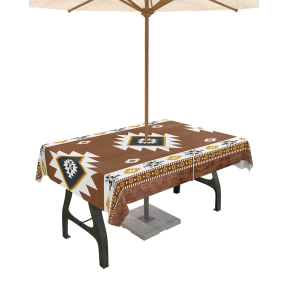 Outdoor Tablecloth with Umbrella Hole for Patio/Picnic/Camping, Bohemia Southwest, Waterproof Table Cloth Rectangle Table Cover Washable, Rustic American Native Tribal Geometric Brown 52"x 70"