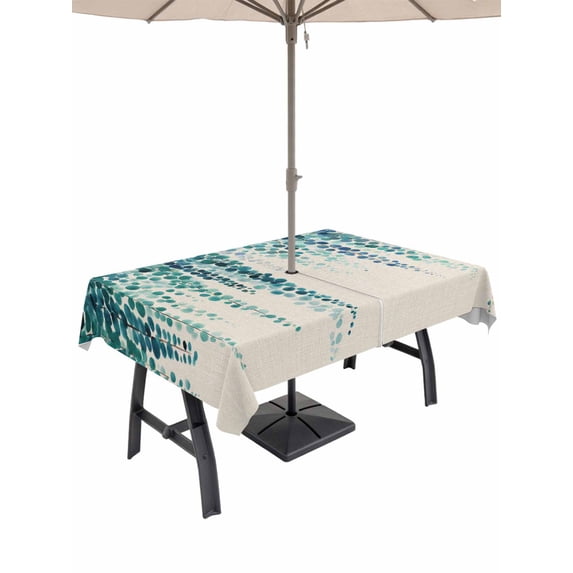 Outdoor Tablecloth with Umbrella Hole for Patio/Picnic/Party, Blue Eucalyptus Leaves Waterproof Table Cloth Rectangle Table Cover Washable, Weeping Summer Botanical Watercolor Rustic (54"x 80")