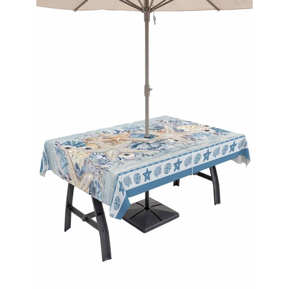 Outdoor Tablecloth with Umbrella Hole for Patio/Picnic/Party, Blue Starfish Coastal Waterproof Table Cloth Rectangle Table Cover Washable, Nautical Ocean Summer Coral Shell Botanical (60"x 102")