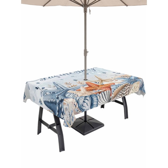Outdoor Tablecloth with Umbrella Hole for Patio/Picnic/Party, Blue Starfish Coastal Waterproof Table Cloth Rectangle Table Cover Washable, Nautical Shell Coral Botanical Summer Ocean (52"x 70")