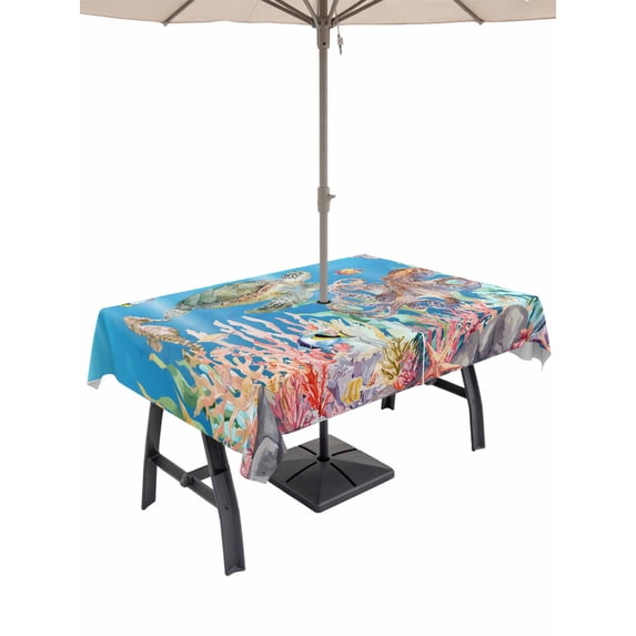 Outdoor Tablecloth with Umbrella Hole for Patio/Picnic/Party, Blue Turtle Coastal Waterproof Table Cloth Rectangle Table Cover Washable, Nautical Summer Beach Coral Octopus Jellyfish (52"x 70")