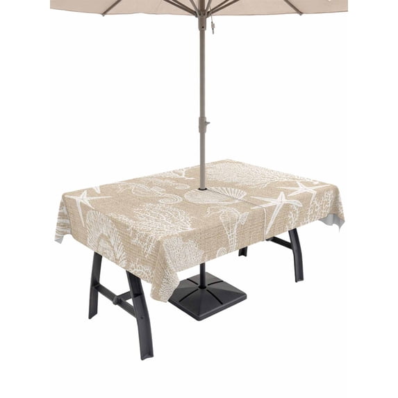 Outdoor Tablecloth with Umbrella Hole for Patio/Picnic/Party, Brown Beige Coastal Waterproof Table Cloth Rectangle Table Cover Washable, Nautical Coral Starfish Shell Seahorse Ocean (60"x 120")