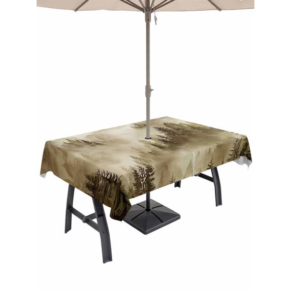 Outdoor Tablecloth with Umbrella Hole for Patio/Picnic/Party, Brown Mountain Waterproof Table Cloth Rectangle Table Cover Washable, Misty Forest Nature Woodland Pine Tree Landscape (60"x 120")