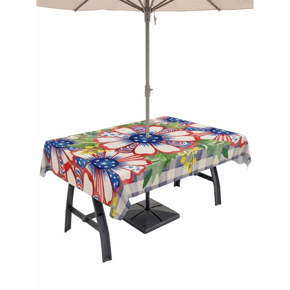 Outdoor Tablecloth with Umbrella Hole for Patio/Picnic/Party/Camping, 4th of July Daisy Waterproof Table Cloth Rectangle Table Cover Washable, Patriotic Floral Black Plaid (60"x 84")