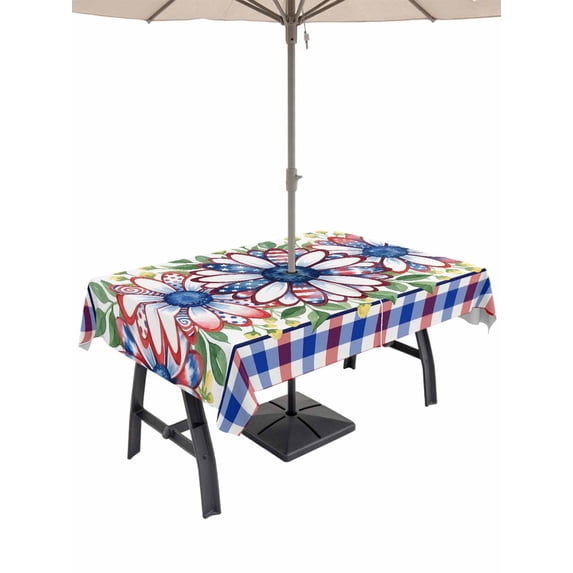 Outdoor Tablecloth with Umbrella Hole for Patio/Picnic/Party/Camping, 4th of July Daisy Waterproof Table Cloth Rectangle Table Cover Washable, Patriotic Floral Red Blue Plaid (54"x 80")