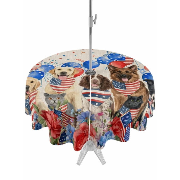 Outdoor Tablecloth with Umbrella Hole for Patio/Picnic/Party/Camping, 4th of July Dogs Waterproof Table Cloth Round Cover Washable, Independence Day Floral Red Stars Beige (Dia 60")