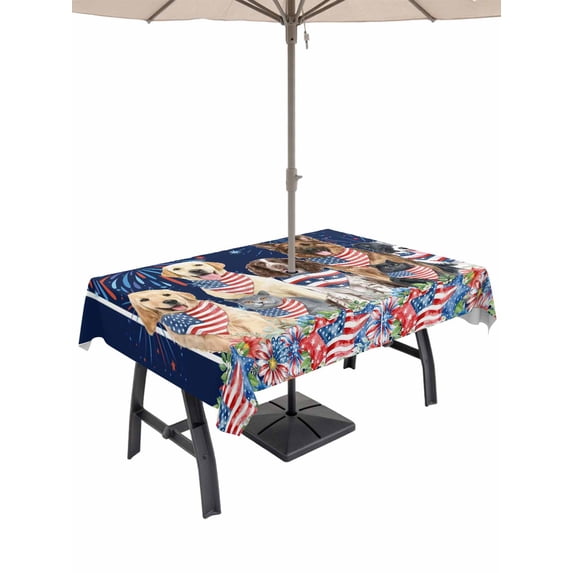 Outdoor Tablecloth with Umbrella Hole for Patio/Picnic/Party/Camping, 4th of July Fireworks Waterproof Table Cloth Rectangle Table Cover Washable, Independence Day Dogs Blue Red Poppy (54"x 80")