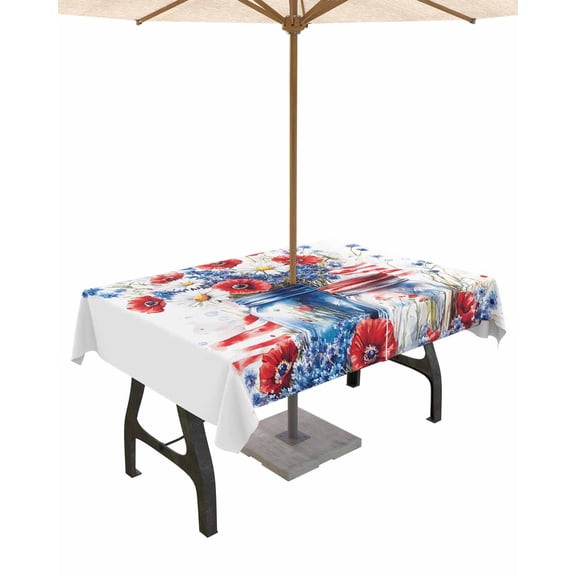 Outdoor Tablecloth with Umbrella Hole for Patio/Picnic/Party/Camping, 4th of July Floral Waterproof Table Cloth Rectangle Table Cover Washable, Independence Day American Flag 60"x 120"