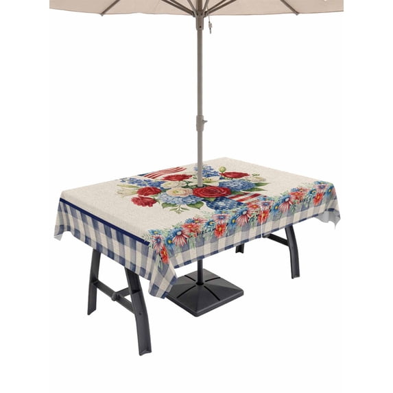 Outdoor Tablecloth with Umbrella Hole for Patio/Picnic/Party/Camping, 4th of July Floral Waterproof Table Cloth Rectangle Table Cover Washable, Vintage Roses Blue Plaid Patriotic (60"x 102")