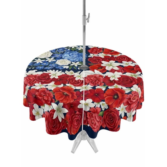 Outdoor Tablecloth with Umbrella Hole for Patio/Picnic/Party/Camping, 4th of July Floral Waterproof Table Cloth Round Cover Washable, Country Blue Red Poppy American Flag (Dia 54")