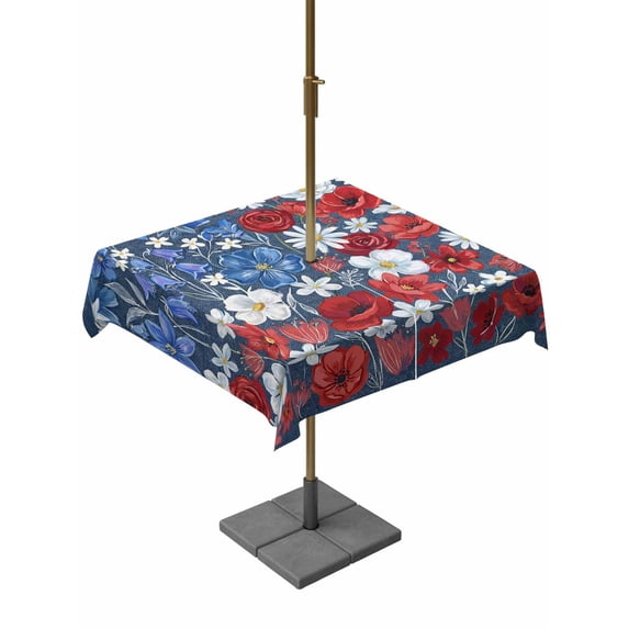 Outdoor Tablecloth with Umbrella Hole for Patio/Picnic/Party/Camping, 4th of July Floral Waterproof Table Cloth Square Cover Washable, Blue Red Poppy Patriotic Rustic (54"x 54")