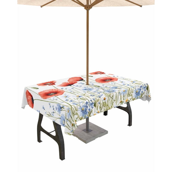 Outdoor Tablecloth with Umbrella Hole for Patio/Picnic/Party/Camping, 4th of July Flower Waterproof Table Cloth Rectangle Table Cover Washable, Patriotic Red Blue Poppy Floral Daisy 60"x 120"