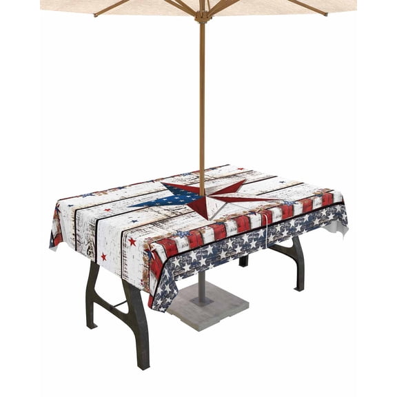 Outdoor Tablecloth with Umbrella Hole for Patio/Picnic/Party/Camping, 4th of July Star Waterproof Table Cloth Rectangle Table Cover Washable, Independence Day American Flag 60"x 120"