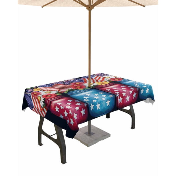 Outdoor Tablecloth with Umbrella Hole for Patio/Picnic/Party/Camping, 4th of July Waterproof Table Cloth Rectangle Table Cover Washable, American Flag Independence Day Floral Black 54"x 80"