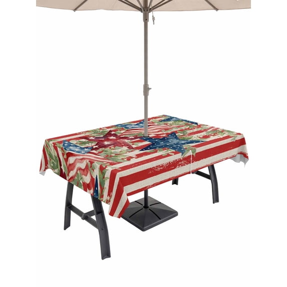Outdoor Tablecloth with Umbrella Hole for Patio/Picnic/Party/Camping, 4th of July Waterproof Table Cloth Rectangle Table Cover Washable, Blue Stars Green Leaves Red Striped Independence (52"x 70")