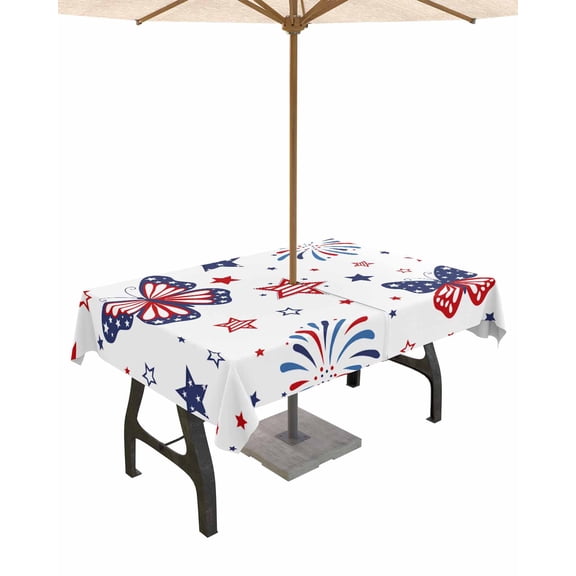 Outdoor Tablecloth with Umbrella Hole for Patio/Picnic/Party/Camping, 4th of July Waterproof Table Cloth Rectangle Table Cover Washable, Butterfly Star Blue Red Fireworks Independence Day (60"x 120")