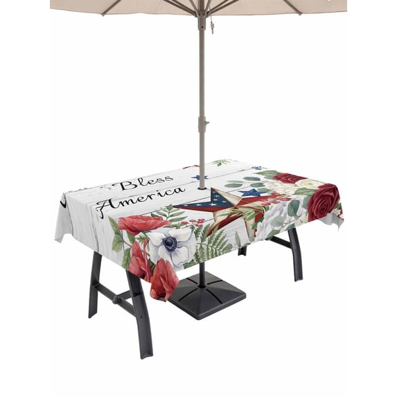 Outdoor Tablecloth with Umbrella Hole for Patio/Picnic/Party/Camping, 4th of July Waterproof Table Cloth Rectangle Table Cover Washable, Independence Day American Star Floral Wood (52"x 70")