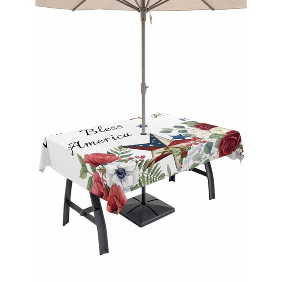 Outdoor Tablecloth with Umbrella Hole for Patio/Picnic/Party/Camping, 4th of July Waterproof Table Cloth Rectangle Table Cover Washable, Independence Day American Star Roses Floral (60"x 84")