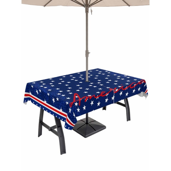 Outdoor Tablecloth with Umbrella Hole for Patio/Picnic/Party/Camping, 4th of July Waterproof Table Cloth Rectangle Table Cover Washable, Independence Day American Patriotic Stars Blue (60"x 102")