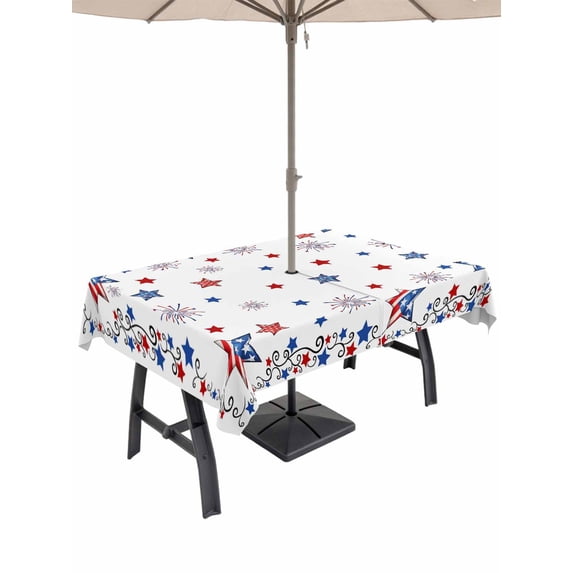 Outdoor Tablecloth with Umbrella Hole for Patio/Picnic/Party/Camping, 4th of July Waterproof Table Cloth Rectangle Table Cover Washable, Independence Day Blue Red Star Firework (52"x 70")
