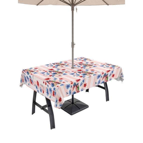 Outdoor Tablecloth with Umbrella Hole for Patio/Picnic/Party/Camping, 4th of July Waterproof Table Cloth Rectangle Table Cover Washable, Independence Day Floral Pink Striped (54"x 80")