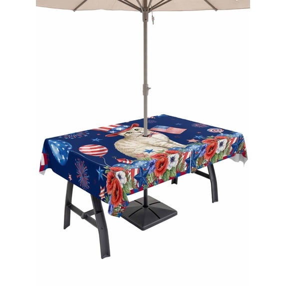 Outdoor Tablecloth with Umbrella Hole for Patio/Picnic/Party/Camping, 4th of July Waterproof Table Cloth Rectangle Table Cover Washable, Independence Day Patriotic Flowers Cats Navy Blue (60"x 84")
