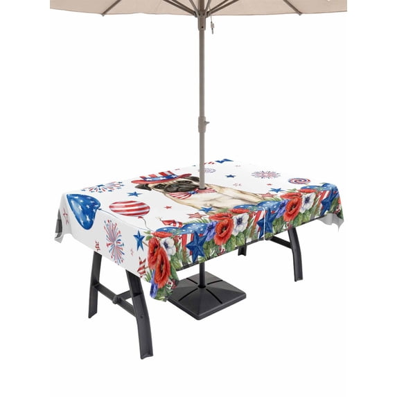 Outdoor Tablecloth with Umbrella Hole for Patio/Picnic/Party/Camping, 4th of July Waterproof Table Cloth Rectangle Table Cover Washable, Independence Day Patriotic Flowers Dogs (60"x 84")