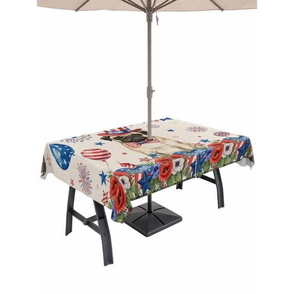 Outdoor Tablecloth with Umbrella Hole for Patio/Picnic/Party/Camping, 4th of July Waterproof Table Cloth Rectangle Table Cover Washable, Independence Day Patriotic Flowers Dogs Beige (60"x 84")