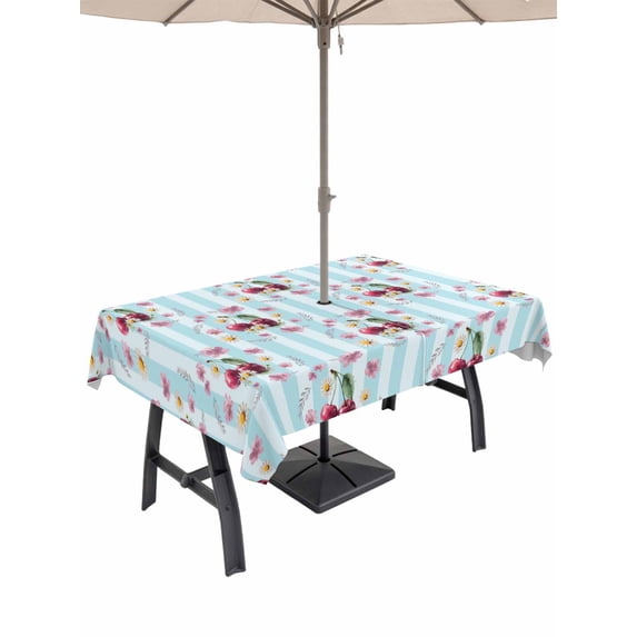 Outdoor Tablecloth with Umbrella Hole for Patio/Picnic/Party/Camping, 4th of July Waterproof Table Cloth Rectangle Table Cover Washable, Independence Day Pink Floral Blue Striped (52"x 70")