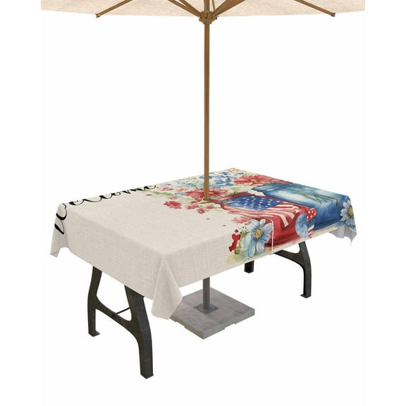 Outdoor Tablecloth with Umbrella Hole for Patio/Picnic/Party/Camping, 4th of July Waterproof Table Cloth Rectangle Table Cover Washable, Independence Day Spring Floral US Flag Retro 60"x 120"