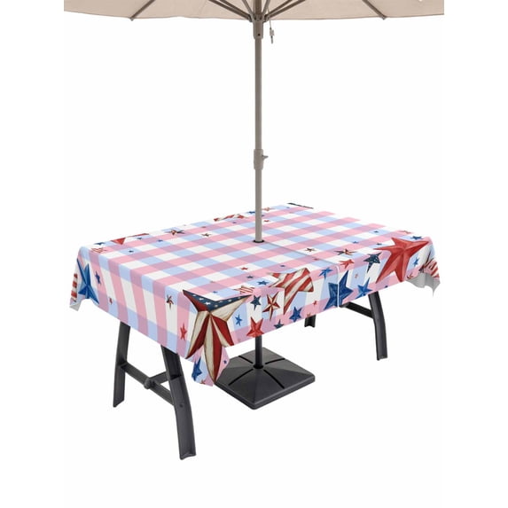 Outdoor Tablecloth with Umbrella Hole for Patio/Picnic/Party/Camping, 4th of July Waterproof Table Cloth Rectangle Table Cover Washable, Independence Day Star American Pink Plaid (60"x 102")