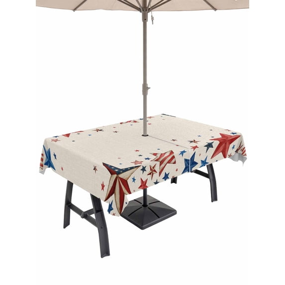 Outdoor Tablecloth with Umbrella Hole for Patio/Picnic/Party/Camping, 4th of July Waterproof Table Cloth Rectangle Table Cover Washable, Independence Day Star Rustic American (52"x 70")