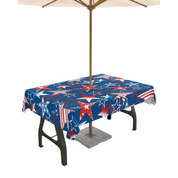 Outdoor Tablecloth with Umbrella Hole for Patio/Picnic/Party/Camping, 4th of July Waterproof Table Cloth Rectangle Table Cover Washable, Navy Blue Red Stars Independence Day Abstract 60"x 120"