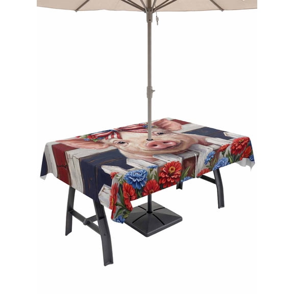 Outdoor Tablecloth with Umbrella Hole for Patio/Picnic/Party/Camping, 4th of July Waterproof Table Cloth Rectangle Table Cover Washable, Patriotic Pig American Flag Floral Wood Plank (52"x 70")
