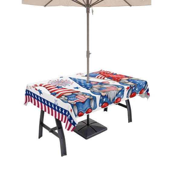 Outdoor Tablecloth with Umbrella Hole for Patio/Picnic/Party/Camping, 4th of July Waterproof Table Cloth Rectangle Table Cover Washable, Red Blue Gnomes Independence Day Stars Striped (60"x 120")