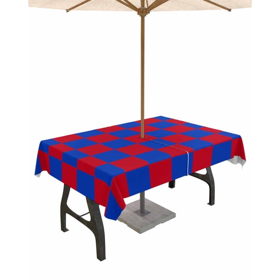 Outdoor Tablecloth with Umbrella Hole for Patio/Picnic/Party/Camping, 4th of July Waterproof Table Cloth Rectangle Table Cover Washable, Red Blue Plaid Checkered Independence Day 60"x 120"
