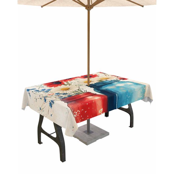 Outdoor Tablecloth with Umbrella Hole for Patio/Picnic/Party/Camping, 4th of July Waterproof Table Cloth Rectangle Table Cover Washable, Red Blue Star Stripe UAS Flag Poppy Flower 60"x 120"